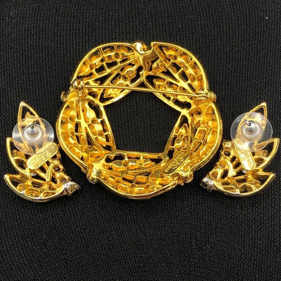 Vintage Signed Eisenberg Ice Rhinestone Golden Leaves Wreath Brooch Earrings Set - Picture 2 of 6